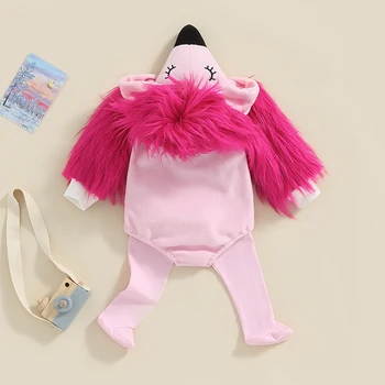 Suefunskry бебе карикатура фламинго костюм плюшени дълъг ръкав качулка гащеризон с крак нагреватели косплей екипировки за момчета момичета 0-24M - Изображение 2  