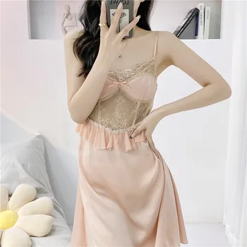 Summer Female Suspender Nightgown Lingerie Women Sexy Lace Chemise Спално облекло Nightdress Loungewear Casual Rayon Gown Home Dress - Изображение 1  