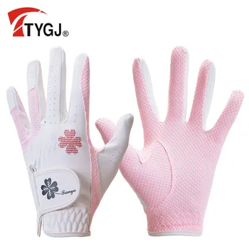 TTYGJ Голф Дамски ръкавици PU кожа лява и дясна ръка 1 чифт дишащи силиконови частици противоплъзгащи ръкавици - Изображение 2  