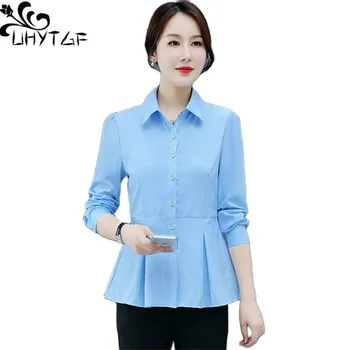 UHYTGF 2022 Корейска риза от шифон Дамски дълъг ръкав еднореден тънък пролетна блуза бяла синя розова мода женски върхове 1768 - Изображение 1  