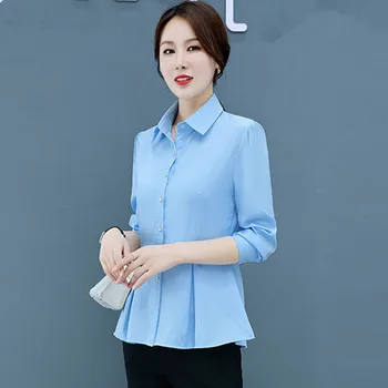 UHYTGF 2022 Корейска риза от шифон Дамски дълъг ръкав еднореден тънък пролетна блуза бяла синя розова мода женски върхове 1768 - Изображение 2  