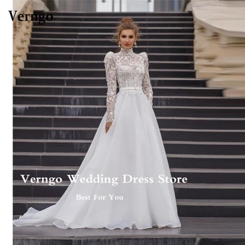 Verngo Modest A Line Дантела с високо деколте 3D цветя Органза сватбени рокли Дълги ръкави копчета врата булчински рокли халат де mariage - Изображение 1  