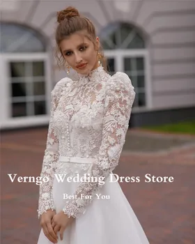 Verngo Modest A Line Дантела с високо деколте 3D цветя Органза сватбени рокли Дълги ръкави копчета врата булчински рокли халат де mariage - Изображение 2  