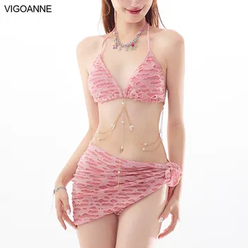 VigoAnne Solid Sexy 3 Piece High Waist Skirt Bikini Set Women 2024 Tied Halter Push UP Swimsuit Backless Korean Bathing Suit - Изображение 1  