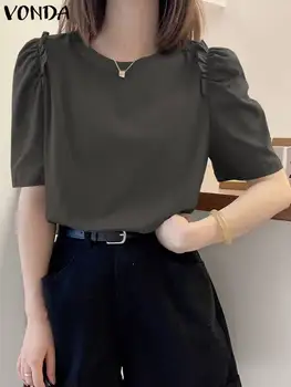 VONDA жени случайни плътен цвят блуза туника 2024 летни ризи върховете дами къс ръкав хлабав елегантен разрошени Blusas Femininas - Изображение 2  