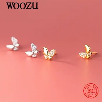 WOOZU Real 925 стерлингово сребро INS пеперуда паве кристал циркон стъд обеци за жени парти пънк насекоми рожден ден бижута подарък - Изображение 1  