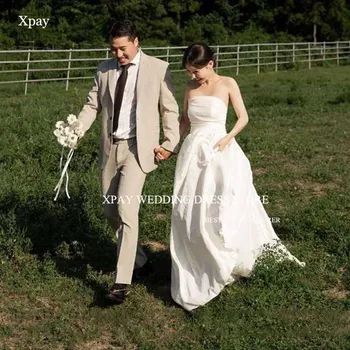 XPAY Прост без презрамки A линия Корея сватбена рокля тафта без ръкави плисета булчински рокля персонализирани снимки стреля отворен гръб булката рокля - Изображение 1  