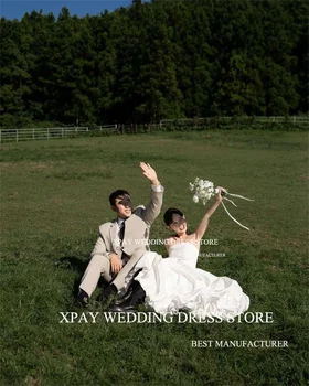XPAY Прост без презрамки A линия Корея сватбена рокля тафта без ръкави плисета булчински рокля персонализирани снимки стреля отворен гръб булката рокля - Изображение 2  