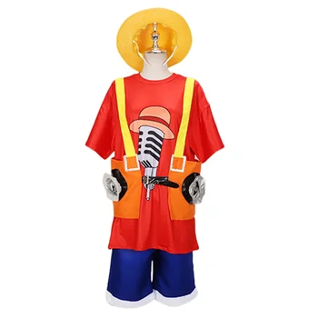 Аниме филм маймуна D Luffy косплей червена тениска сини панталони мъжки костюм Хелоуин костюм - Изображение 2  