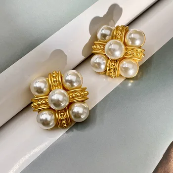 Барокови перлени обеци за жени Френски ретро кръстообразни златни обеци Луксозен съд стил момичета сватба Daily Jewelly - Изображение 1  