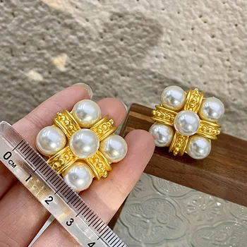 Барокови перлени обеци за жени Френски ретро кръстообразни златни обеци Луксозен съд стил момичета сватба Daily Jewelly - Изображение 2  