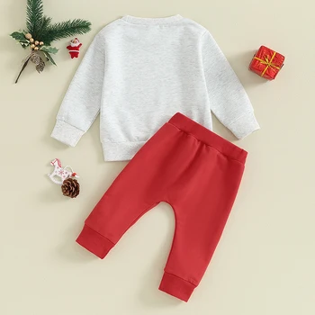 Бебе малко дете бебе момче коледни тоалети дълъг ръкав ризи Santa печат суитчър с червени панталони комплект 2бр комплект - Изображение 2  