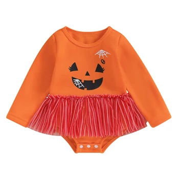 бебе момичета ританки рокля Хелоуин дрехи паяжина тиква усмихнати лицето печат тюл пола подгъва дълъг ръкав малки бодита - Изображение 1  