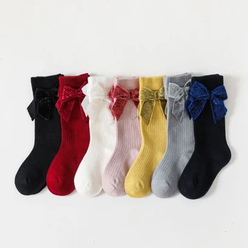 Бебешки момичета принцеса чорапи еластични пайети лък коляното високи чорапи дишащи чорапи за малко дете облекло аксесоари - Изображение 1  
