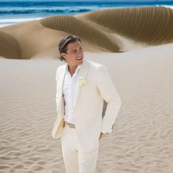 Бельо сватба смокинг за мъже плаж тънък годни 2 парче костюми лято мода стил облекло младоженеца изрязани ревера яке с панталони - Изображение 1  