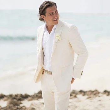 Бельо сватба смокинг за мъже плаж тънък годни 2 парче костюми лято мода стил облекло младоженеца изрязани ревера яке с панталони - Изображение 2  