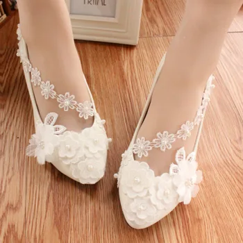 бял Голяма дантела Нова мода 2023 Обувки Нисък ток 3D цвете Дамски Плътен цвят Обувки ЖЕНИ Ежедневни Красиви помпи - Изображение 1  