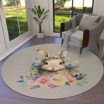 Великденски заек акварел цвете кръгла площ килим килими за хол голям мат дома спалня детска стая декорация - Изображение 1  
