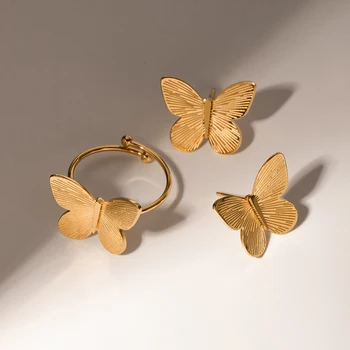 Водоустойчива неръждаема стомана метална текстура пеперуда модел отворен пръстен / обица чар злато цвят 18K PVD покритие изявление бижута - Изображение 1  