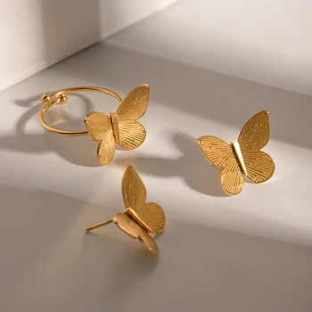 Водоустойчива неръждаема стомана метална текстура пеперуда модел отворен пръстен / обица чар злато цвят 18K PVD покритие изявление бижута - Изображение 2  