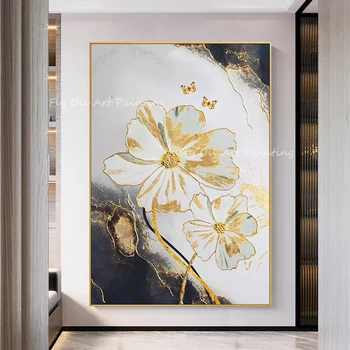 голям размер златно фолио цвете картина със сиво платно 100% ръчно рисувани с маслени бои върху платно декорация на дома - Изображение 1  