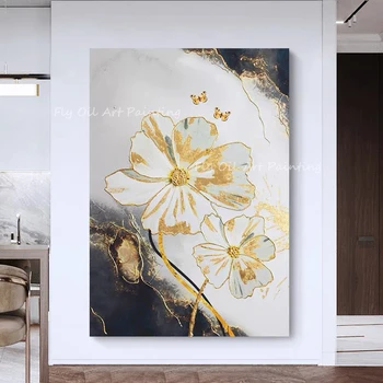 голям размер златно фолио цвете картина със сиво платно 100% ръчно рисувани с маслени бои върху платно декорация на дома - Изображение 2  