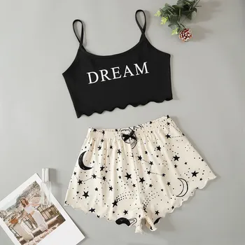 Дамска пижама комплект писмо звезда DREAM жартиери печат къс стил мода секси дом дамско бельо безплатна доставка - Изображение 1  