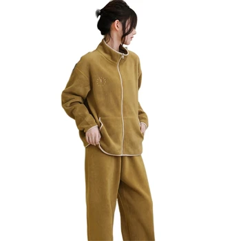 Дамски размити шерпи от полар Комплект, дълъг ръкав цип върхове с пижама панталони 2 броя екипировки шезлонги спално облекло - Изображение 2  