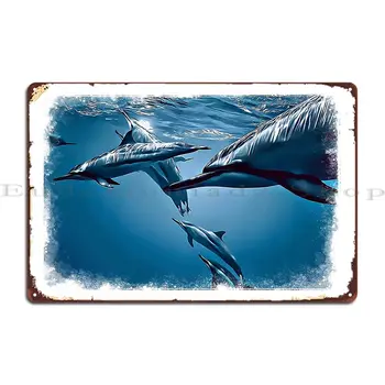 Делфините, плуващи в океана Метална плоча плакат Пещерен бар Проектиране на гаражен дизайн Плакат за калай - Изображение 1  