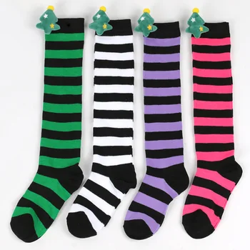 Детски коледни чорапи сладък плюшени играчки коляното чорапи райета над коляното дълги чорапи карикатура Коледа дърво чорапи за момичета - Изображение 1  