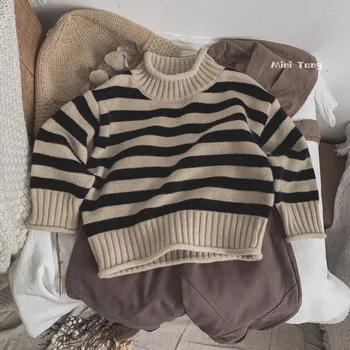 Детско облекло Момчета Зимни дрехи 2023 Горнища Детски плетени пуловери за тийнейджърки Пуловери Пуловери Пуловер на райе Трикотаж - Изображение 1  