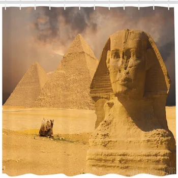Египетски принт от Хо Ме Лили Завеса за душ Сфинкс Лице Пирамиди Стар исторически паметник Баня декор комплект с куки - Изображение 1  