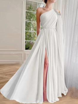 Една рамо абитуриентска рокля с нос шифон висока цепка шаферка рокля за жени линия силует официална вечерно парти рокля MH900 - Изображение 1  