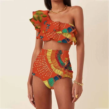 Едно рамо бродерия печат волан бикини комплект жени мода висока талия сплит бански луксозен плаж бански костюм 2024 - Изображение 2  
