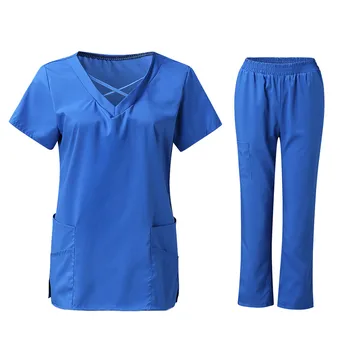 Ексфолианти Медицински униформи Жена плътен цвят блуза с къс ръкав + панталон медицинска сестра униформа хирургически медицински сестри болница работно облекло гащеризони - Изображение 1  