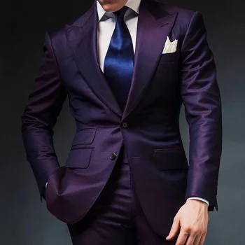Елегантни мъжки костюми 2023 Нова мода Официален връх ревера тънък годни лилав смокинг младоженец 2 парче комплект сватба за мъже (яке + панталони) - Изображение 1  