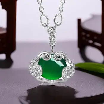 естествен истински зелен нефрит Ruyi висулка огърлица камък подаръци за жени амулет верига бижута дизайнер 925 сребро халцедон ахат - Изображение 1  