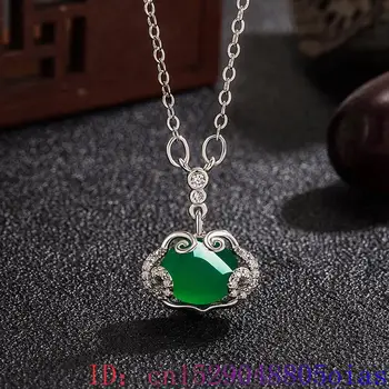 естествен истински зелен нефрит Ruyi висулка огърлица камък подаръци за жени амулет верига бижута дизайнер 925 сребро халцедон ахат - Изображение 2  