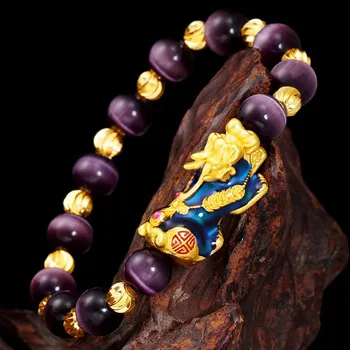 естествен лилав котешки камък PiXiu гривна за мъже жени наемат късмет късмет амулет маншет гривни FengShui бижута подарък - Изображение 1  