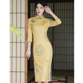Жълт Чеонгсам Жени2022 Нов подобрен Qipao пролет есен реколта стил стойка яка младо момиче 3/4 ръкав дълги рокли - Изображение 1  