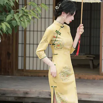 Жълт Чеонгсам Жени2022 Нов подобрен Qipao пролет есен реколта стил стойка яка младо момиче 3/4 ръкав дълги рокли - Изображение 2  