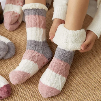 Зимни топли чорапи Мъже Жени Удебелени руно раирани чорапи Меки плюшени чорапи за спане Пухкави антихлъзгащи се подови чехли - Изображение 1  