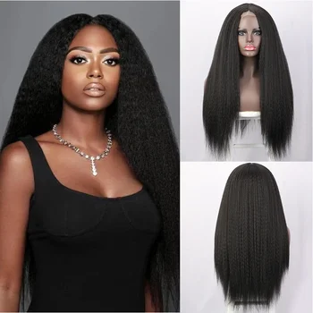 Извратени яки прави перуки без бретон за жени естествени синтетични перуки с дълга коса 30inch черна афро пухкава перука топлоустойчива - Изображение 1  