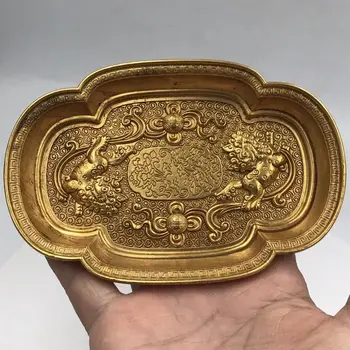 Изящна стара китайска медна позлатена ръчно издълбана кирин плоча - Изображение 1  