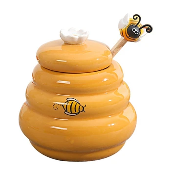 Керамичен кошер мед саксия и дървена черпак мед буркан с капак мед бъркалка бар за мед буркан доставки кухненски аксесоари - Изображение 1  