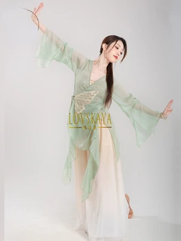 Китайски танцови костюми Класически танцови костюми професионално обучение етнически танц дълъг шифон марля - Изображение 2  