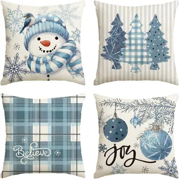 Коледа хвърлят възглавница покрива,Blue снежен човек радост,раирани коледни дървета,биволски карирани калъфки за диван диван, комплект от 4, 18x18 инча - Изображение 1  