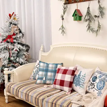 Коледа хвърлят възглавница покрива,Blue снежен човек радост,раирани коледни дървета,биволски карирани калъфки за диван диван, комплект от 4, 18x18 инча - Изображение 2  