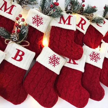 Коледен чорап плетене червена снежинка писмо вълна плетене Коледа висулка подарък чанта коледно дърво декорация подарък - Изображение 2  