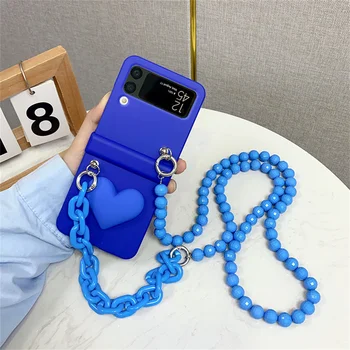 корейски стилен Klein Blue Crossbody Lanyard мъниста гривна случай за Samsung Galaxy Z Flip 5 Z Flip 4 3D любов сърце капак Coque - Изображение 2  